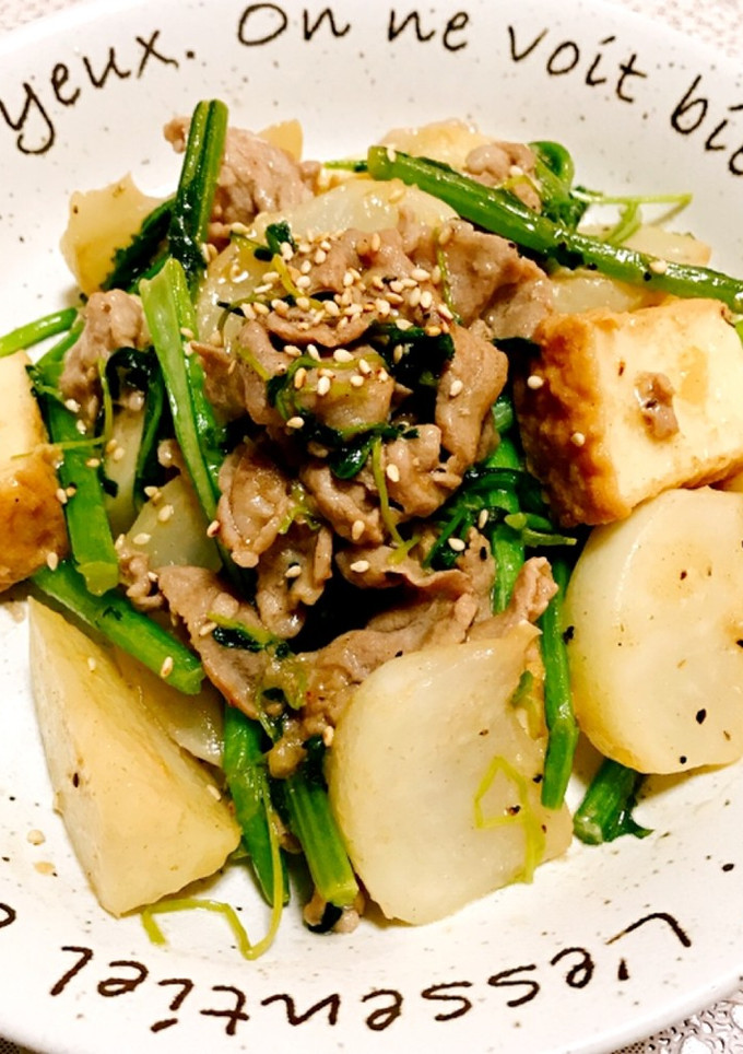 かぶと豆苗、豚肉、厚揚げのオイマヨ炒め☆-レシピのメイン写真