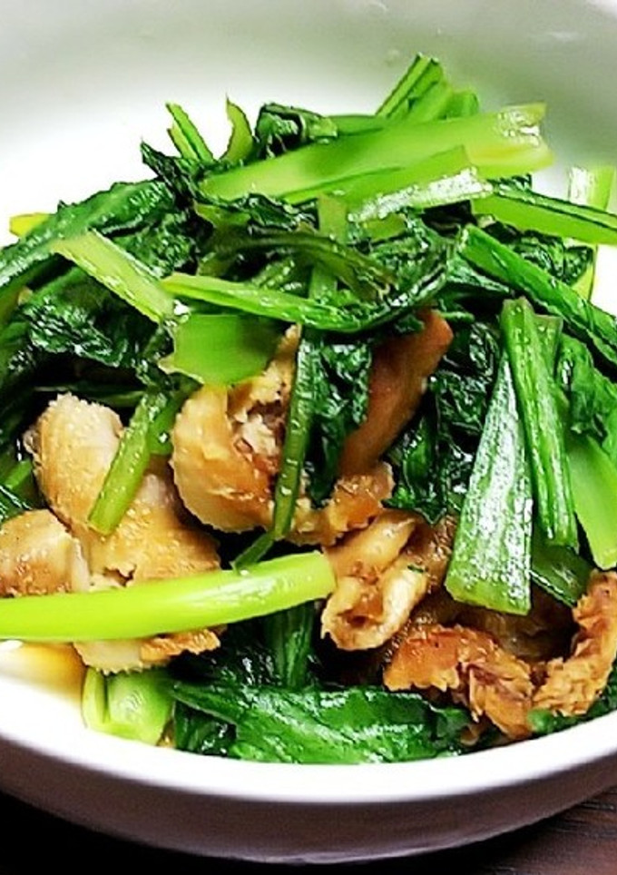 小松菜と鶏皮のにんにく醤油炒め-レシピのメイン写真