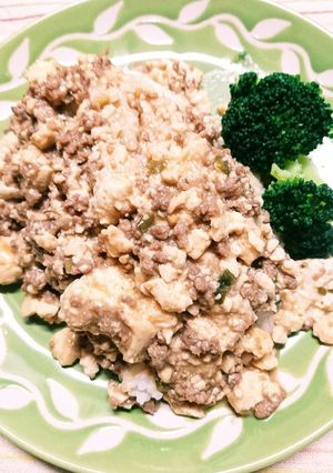 美味です!肉味噌豆腐をご飯にのせて-レシピのメイン写真