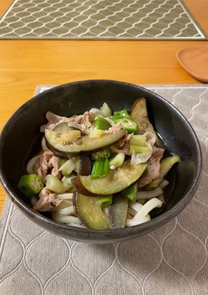 めんつゆ　ナス、オクラ豚うどん-レシピのメイン写真