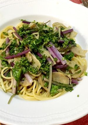水菜とベーコンと蓮根の和風パスタ-レシピのメイン写真