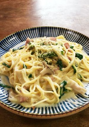 簡単!ベーコンと春菊のクリームパスタ-レシピのメイン写真