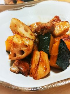 鶏とカボチャれんこんの甘辛炒め煮-レシピのメイン写真