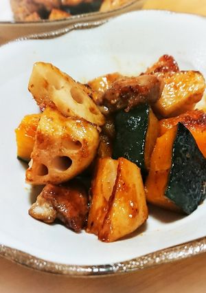 鶏とカボチャれんこんの甘辛炒め煮-レシピのメイン写真