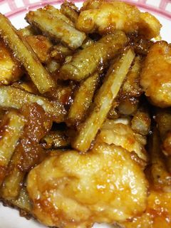 鶏モモとゴボウの甘酢炒め-レシピのメイン写真
