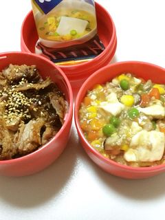 91、ミニチャーシュー丼と餡かけ豆腐弁当-レシピのメイン写真