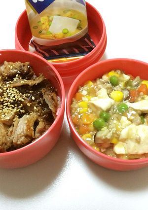 91、ミニチャーシュー丼と餡かけ豆腐弁当-レシピのメイン写真