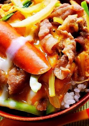 豚肉！ウインナ！玉葱ブロッコリ茎の他人丼-レシピのメイン写真