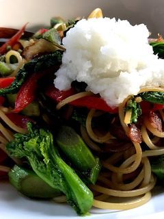 菜の花とパプリカの柚子胡椒風味和風パスタ-レシピのメイン写真