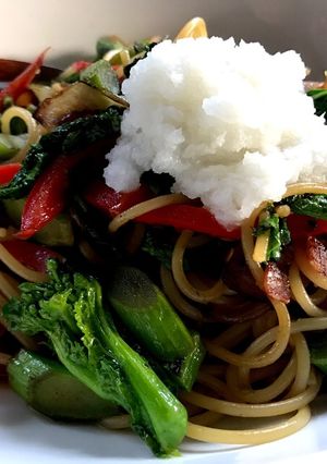 菜の花とパプリカの柚子胡椒風味和風パスタ-レシピのメイン写真