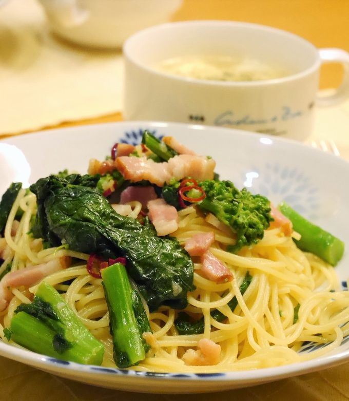 菜の花とベーコンのペペロンチーノ風パスタ-レシピのメイン写真