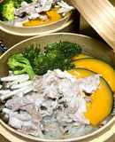 温野菜と豚しゃぶ肉の中華セイロ蒸し