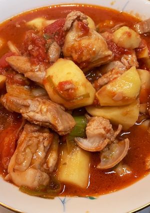 レンチンで簡単！鶏モモとモツのトマト煮込-レシピのメイン写真
