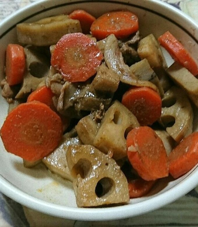 蓮根と人参と豚こま肉の煮物-レシピのメイン写真