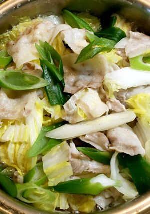 白だしで、豚バラ肉＆白菜＆白ネギの鍋物-レシピのメイン写真