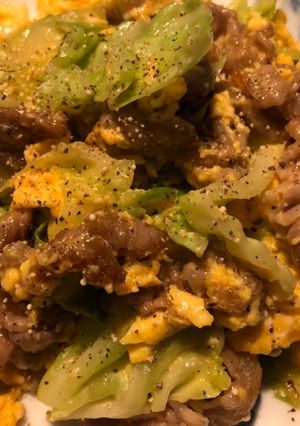 春キャベツと豚肉のふわふわ卵炒め-レシピのメイン写真