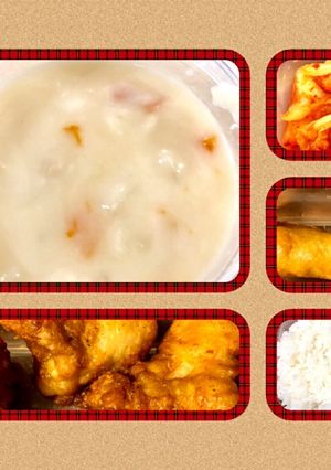 男弁当１０分 シチュー、唐揚げ、春巻き-レシピのメイン写真