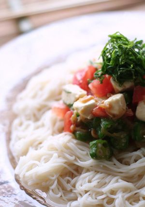 野菜とチーズのなめたけ和えのっけ素麺-レシピのメイン写真
