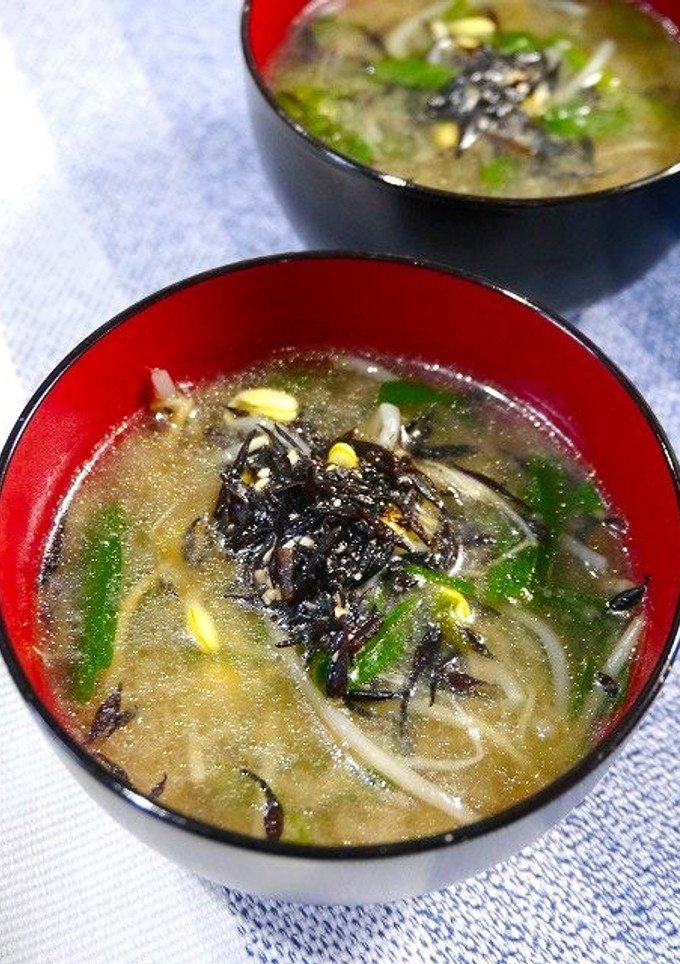 痛風対策！ひじきとニラもやしのお味噌汁-レシピのメイン写真