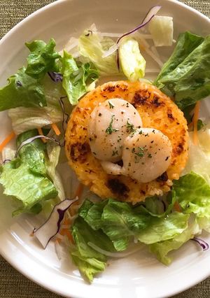 人参の焼きリゾット 貝柱のムニエル添え-レシピのメイン写真