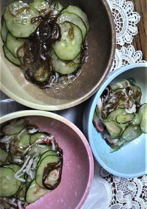 簡単酢の物モズク酢胡瓜しらす干しカニカマ-レシピのメイン写真