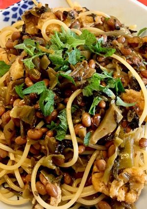節約!満足!納豆と高菜と油揚げのパスタ-レシピのメイン写真