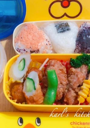 簡単唐揚げつくねきんぴら三色おにぎり弁当-レシピのメイン写真