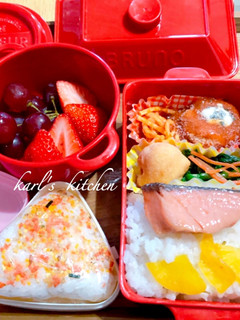 簡単ハンバーグ菜の花おひたし鮭弁当-レシピのメイン写真