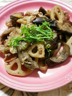 牛バラ肉と蓮根となすの生姜炒め-レシピのメイン写真