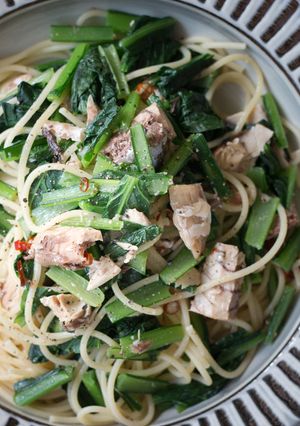 鯖の醤油煮缶と小松菜のパスタ-レシピのメイン写真
