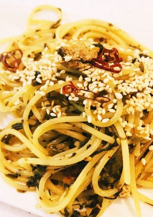 生活習慣病に効く？高菜と揚げの甘辛パスタ-レシピのメイン写真
