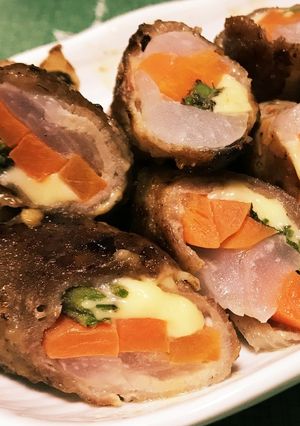 春の山菜と新玉ねぎの三色肉巻き-レシピのメイン写真