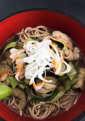 ねぎたっぷり！豚バラと茄子の温蕎麦-レシピのメイン写真