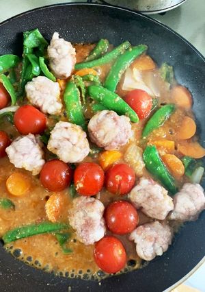 豚こま団子ミニトマト甘辛味噌野菜炒め-レシピのメイン写真