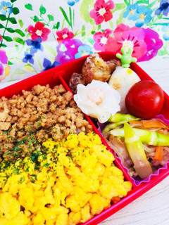 二色丼とたけのこ炒めの彩りお弁当♡-レシピのメイン写真
