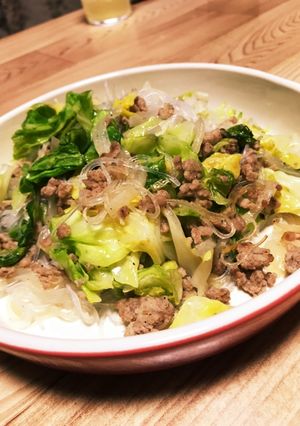 春雨ひき肉キャペツ玉ねぎ白だし炒め-レシピのメイン写真