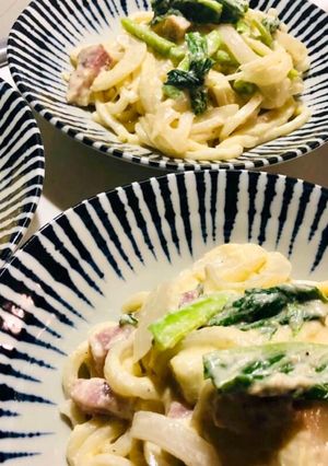 山菜を使った☆濃厚うどんカルボナーラ☆-レシピのメイン写真