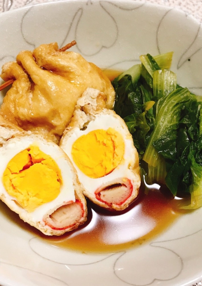 ほっとする♡青菜と卵&カニカマの巾着煮♪-レシピのメイン写真