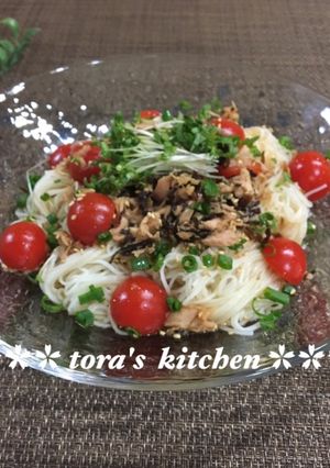 旨!ツルっと汁なし☘️ツナトマ素麺-レシピのメイン写真