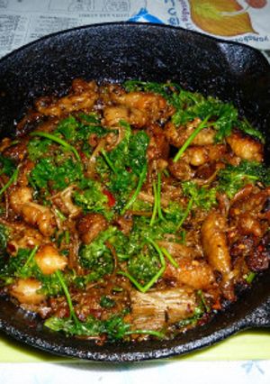 鶏皮＋茶えのき＋パセリのアヒージョ炒め-レシピのメイン写真