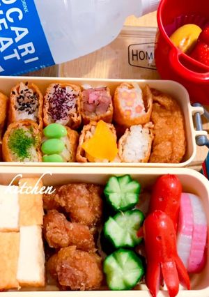 簡単カラフルいなり寿司唐揚げ運動会弁当-レシピのメイン写真