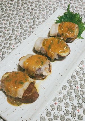 なす肉巻きの蒸し焼☆シソ味噌がけ-レシピのメイン写真