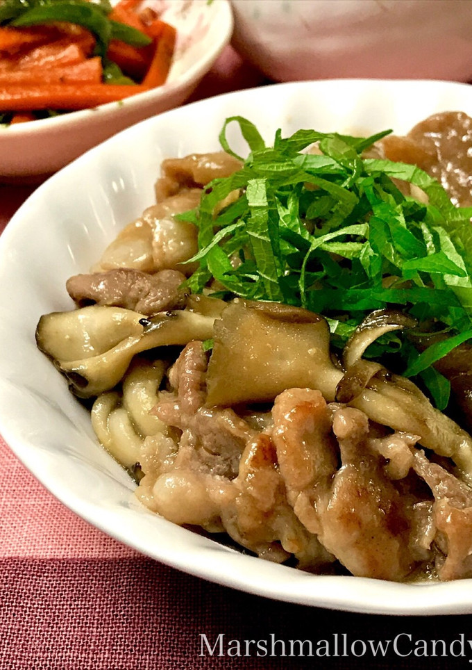 簡単！豚肉と舞茸の味噌炒め♡シソ添え♡-レシピのメイン写真