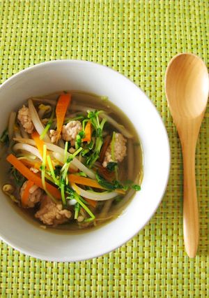 豚ひき肉ともやしと豆苗のおかずスープ-レシピのメイン写真