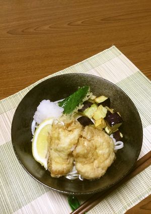 賀茂なすと鶏天の冷やしぶっかけうどん-レシピのメイン写真