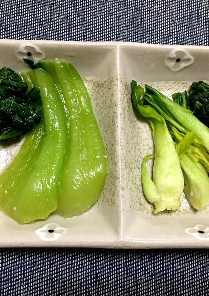 青梗菜のわさび漬け(左)と糠漬け(右)-レシピのメイン写真