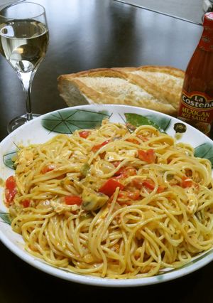 水煮トマトで赤パプささみのトマクリパスタ-レシピのメイン写真