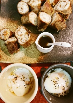 肉巻きに温玉添えて…☺-レシピのメイン写真