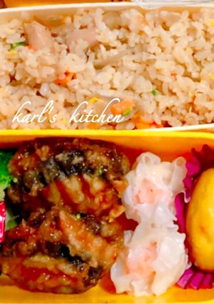 鶏ごぼうごはん海老焼売茄子はさみ揚げ弁当-レシピのメイン写真