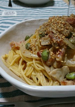 枝豆とベーコンのごま味噌豆乳パスタ-レシピのメイン写真